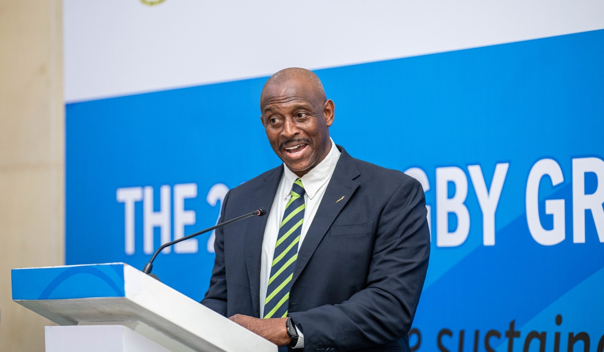 Herbert Mensah, the President of Rugby Africa, the continental governing body of rugby speaks  during Rugby conference in Kigali on August 28. Dan Gatsinzi