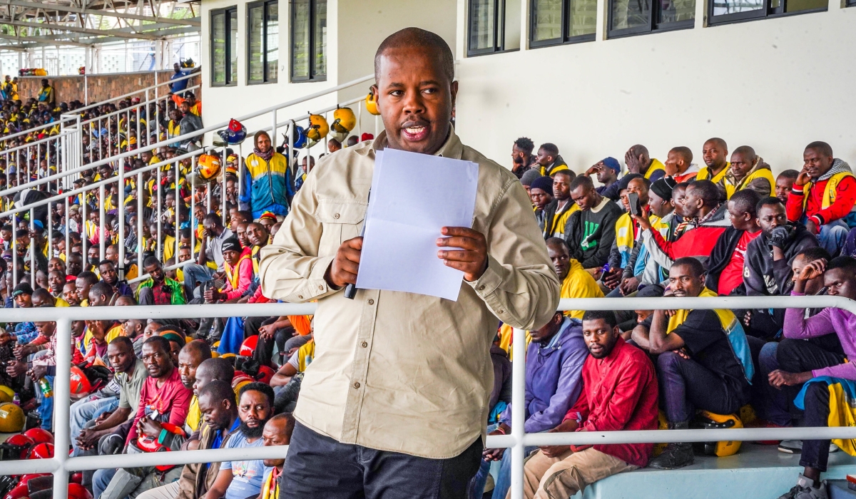 Samuel Dusengiyumva, the Mayor of the City of Kigali addresses taxi-moto riders during a meeting at Kigali Pele stadium. Photos by Craish Bahizi