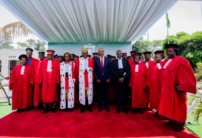 Chief Justice Faustin Ntezilyayo and Minister of Justice Emmanuel Ugirashebuja pose for a photo with judges during the launch of judicial year on Monday. Courtesy