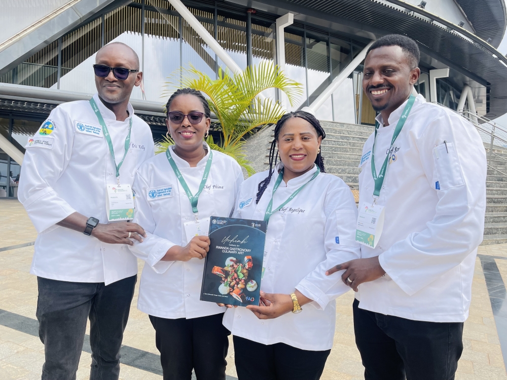 R-L; Four chefs who contributed to the book, Ramadhan Sindayigaya, Angelique Iraguha, Phiona Ninsiima, and Eric Kanyemera, pose for a photo at its launch in Kigali, on September 4, 2024 (All photos by Emmanuel