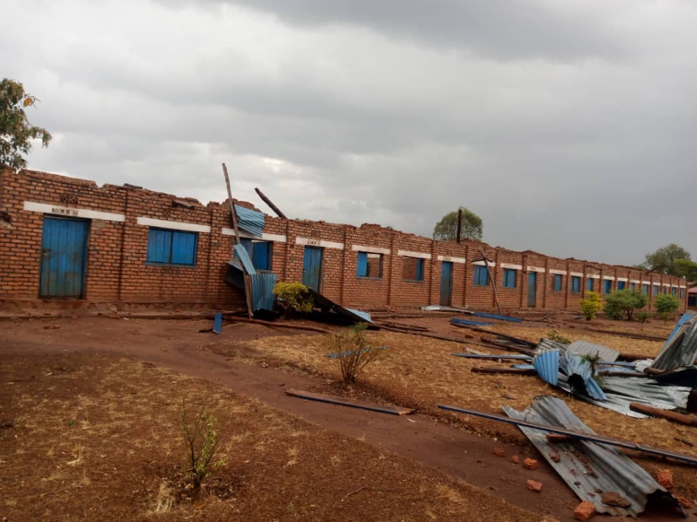 A view of 11 classrooms that were destroyed by by strong winds  at  Groupe Scolaire Migongo in Nyarutunga Cell, Nyarubuye Sector, Kirehe District on September 7. Iron sheets were blown off, windows shattered, and debris littered the school grounds. Photos by Emmanuel Nkangura