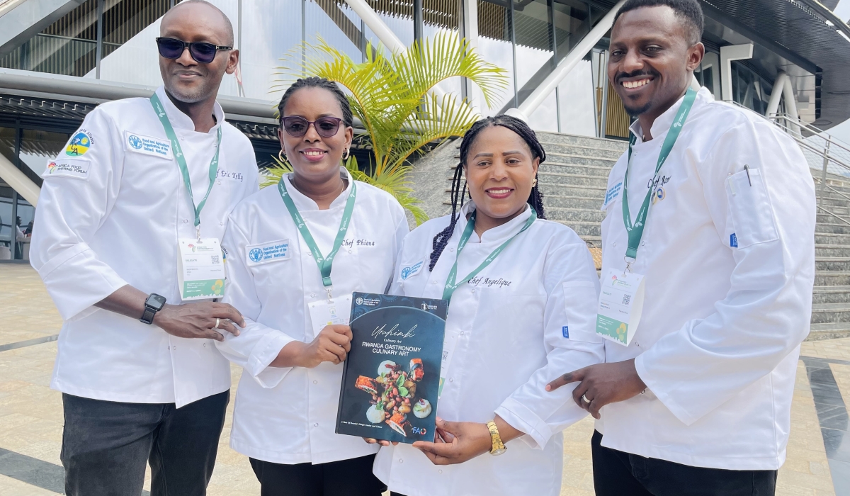 R-L; Four chefs who contributed to the book, Ramadhan Sindayigaya, Angelique Iraguha, Phiona Ninsiima, and Eric Kanyemera, pose for a photo at its launch in Kigali, on September 4, 2024 (All photos by Emmanuel