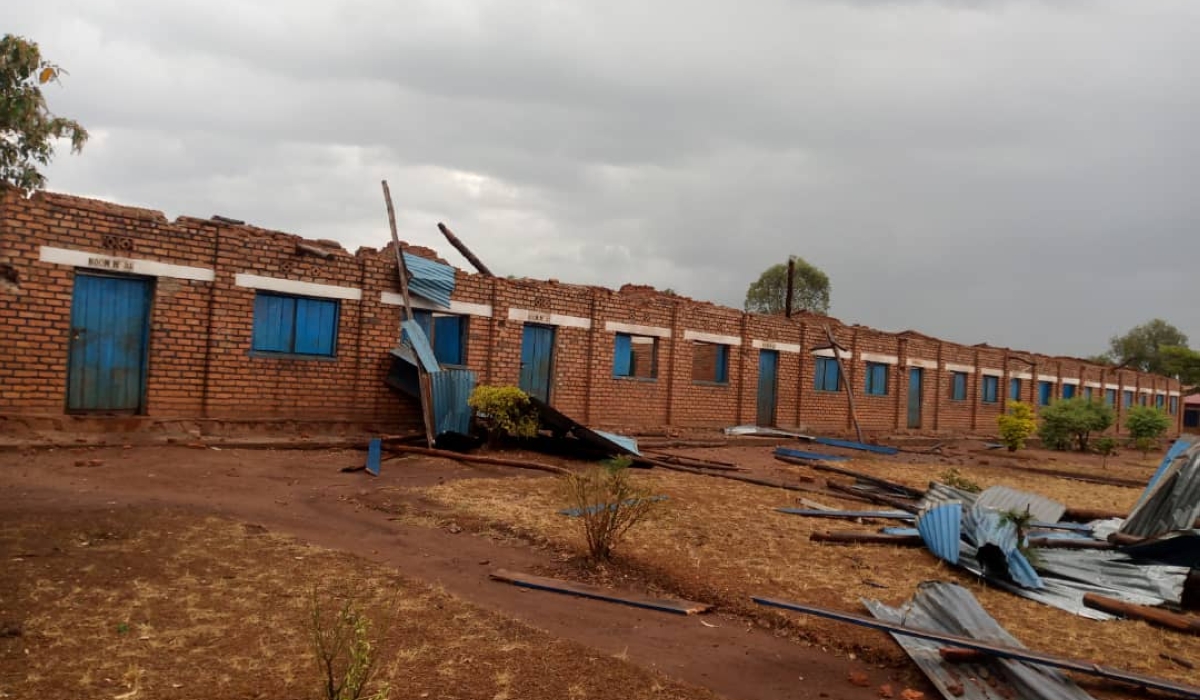 A view of 11 classrooms that were destroyed by by strong winds  at  Groupe Scolaire Migongo in Nyarutunga Cell, Nyarubuye Sector, Kirehe District on September 7. Iron sheets were blown off, windows shattered, and debris littered the school grounds. Photos by Emmanuel Nkangura