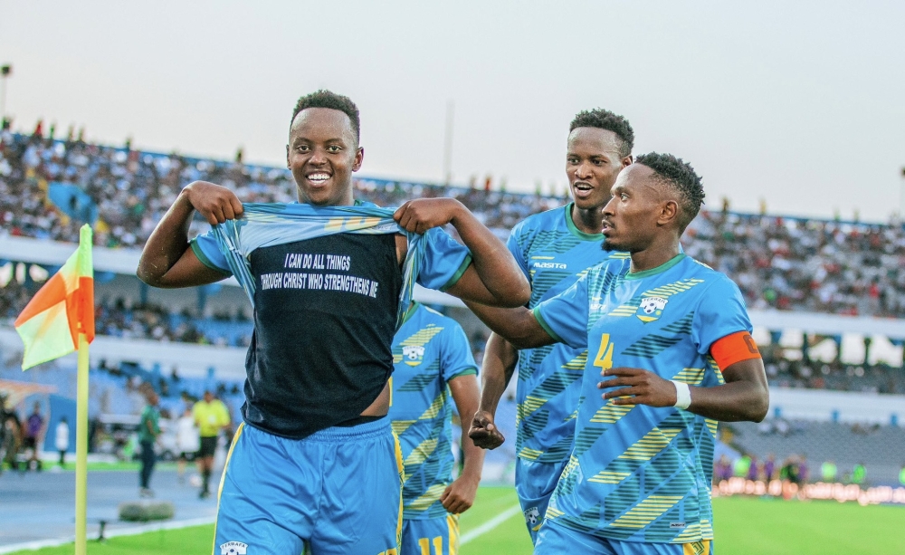 National team striker Innocent Nshuti and teammates celebrate as Rwanda played a 1-1 draw with Libya in Tripoli on Wednesday, September 4. Courtesy