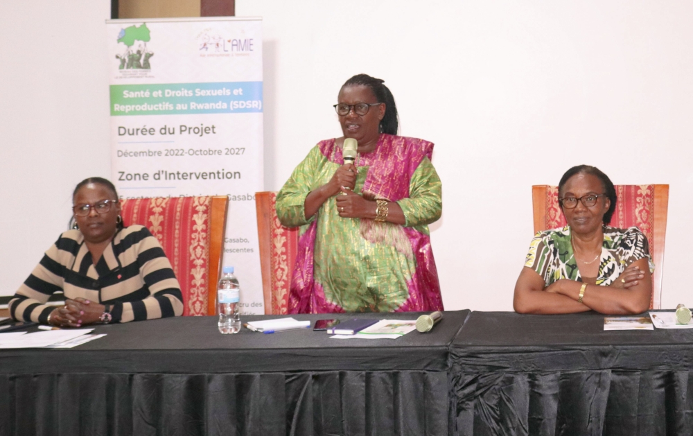 Xaverine Uwimana, the coordinator of Réseau des Femmes Oeuvrant pour le Développement Rural speaks at the meeting in Kigali on Friday, September 6. Courtesy