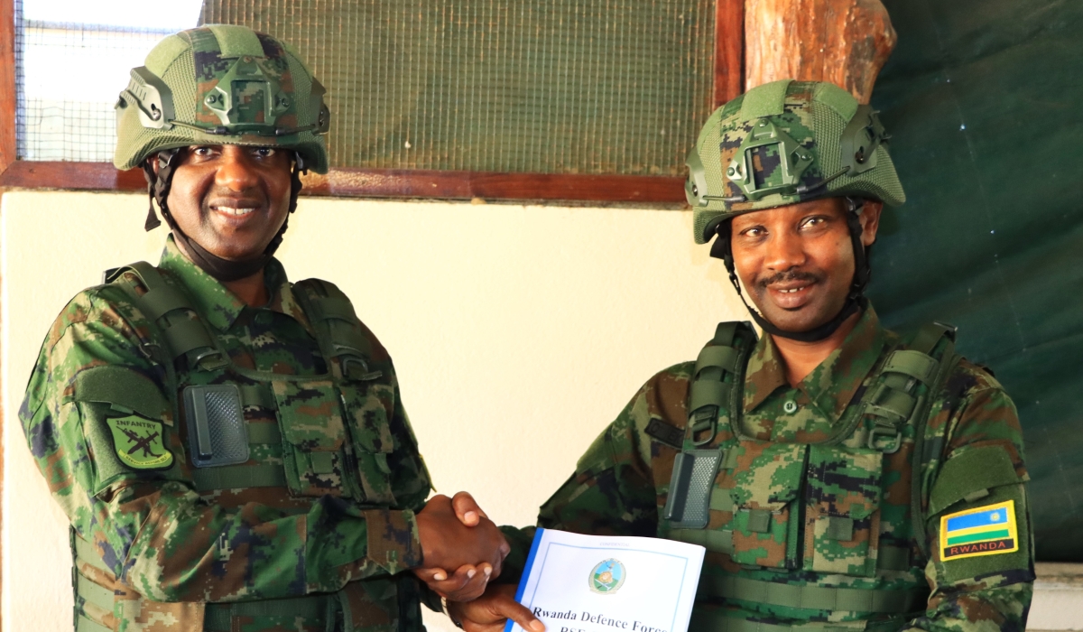 Maj Gen Emmy Ruvusha and Maj Gen Alex Kagame during the handover event as he takes over as the new commander of the Rwanda Security Force (RSF) Joint Task Force in Mozambique’s Cabo Delgado Province on September 7. Courtesy