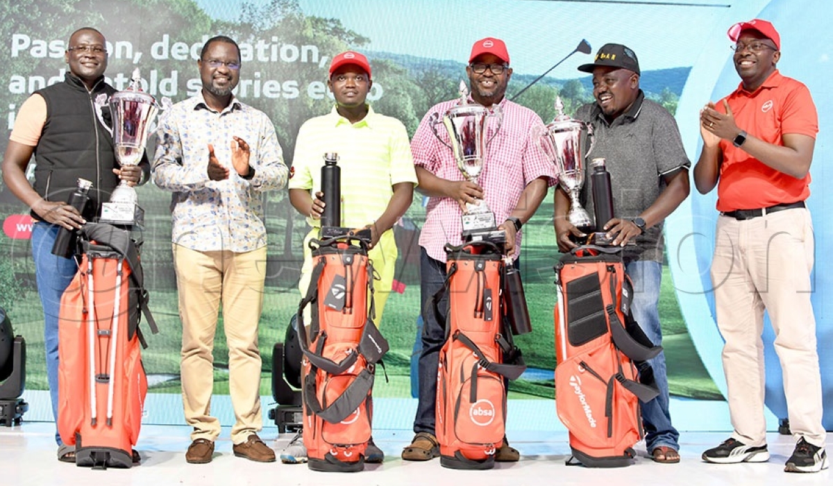 Rwandan golfer Celestine Nsanzuwera (3rd Left) emerged first runner-up in the 19th Johnnie Walker Uganda Professional Golf Open