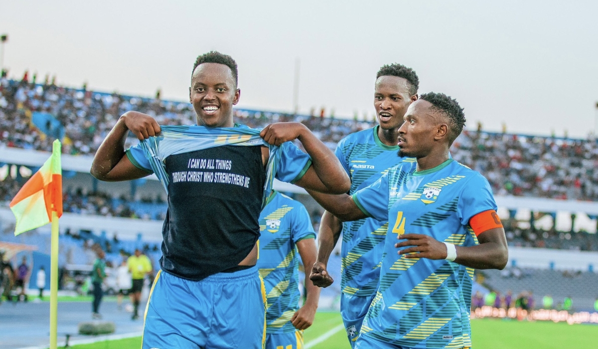 National team striker Innocent Nshuti and teammates celebrate as Rwanda played a 1-1 draw with Libya in Tripoli on Wednesday, September 4. Courtesy