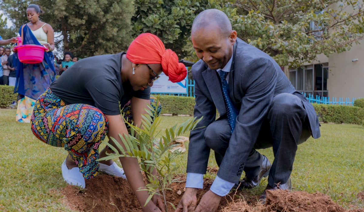 Dr Martin Kimemia assists Charlene Ruto in planting a tree at the university.
