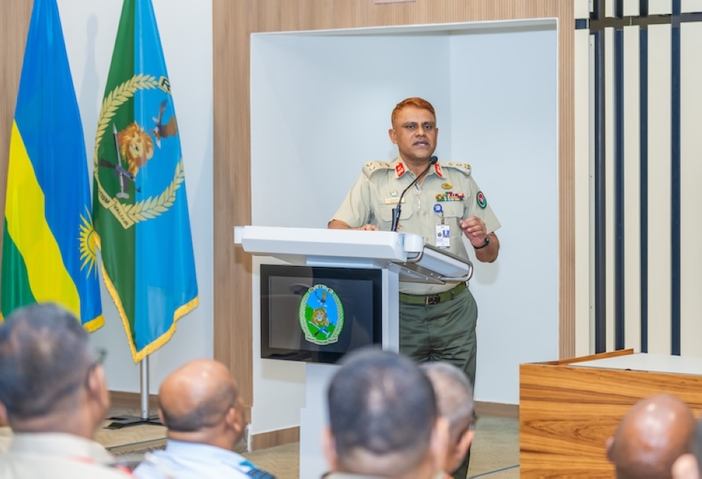 Brig Gen Sazedul Islam, head of delegation speaks at the meeting with Rwanda Defence Force officers at RDF headquarters on Tuesday, September 10. Courtesy