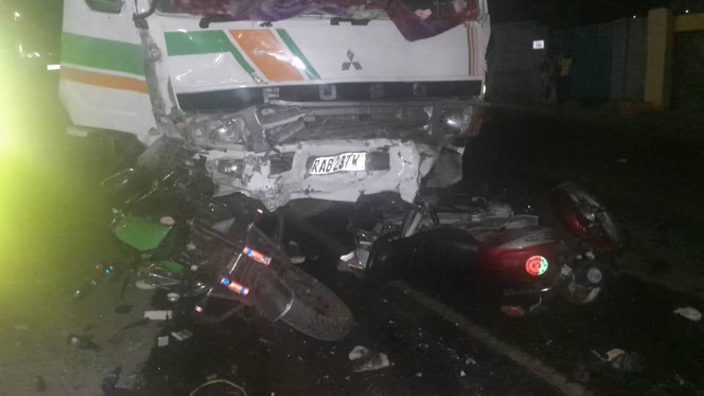 A scene of a road accident involving a Fuso truck and two taxi motorcycles in Kicukiro in the evening of Monday, September 9. The accident killed three people and four injured. COURTESY