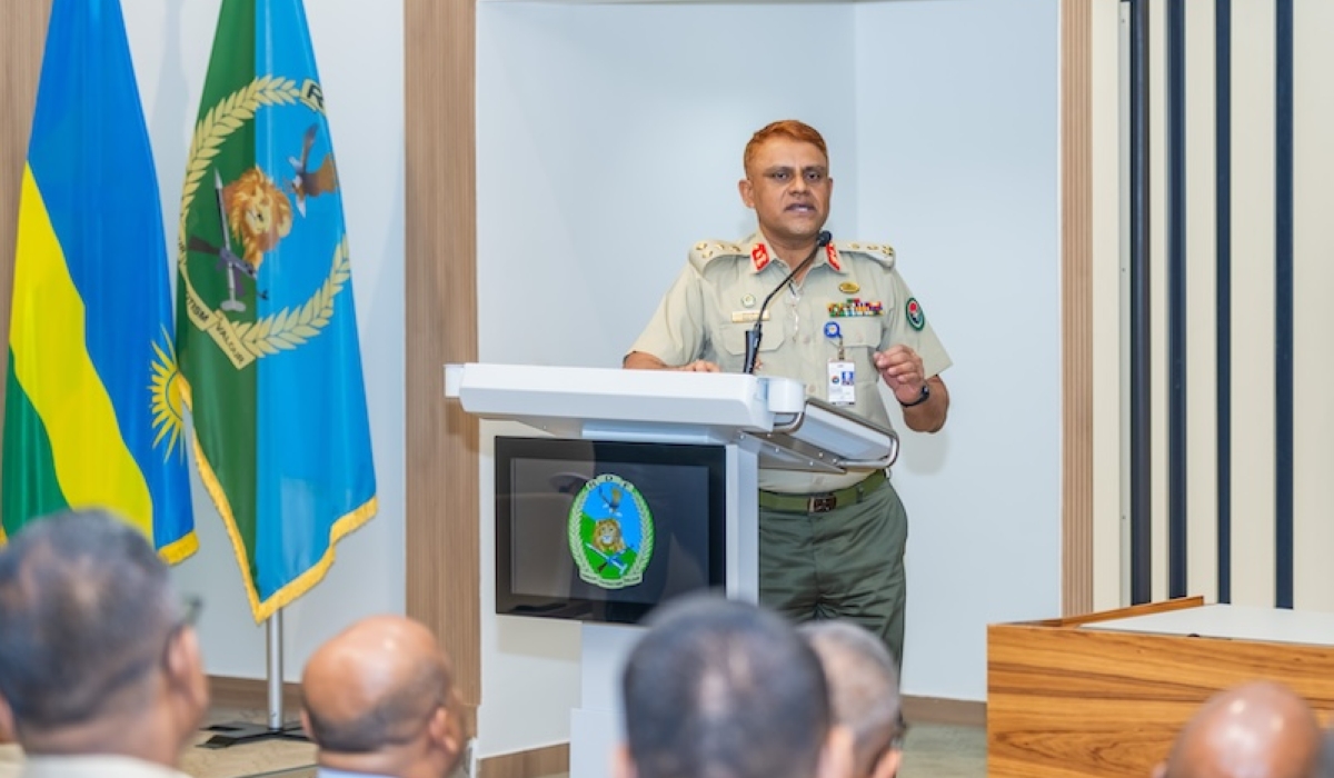 Brig Gen Sazedul Islam, head of delegation speaks at the meeting with Rwanda Defence Force officers at RDF headquarters on Tuesday, September 10. Courtesy