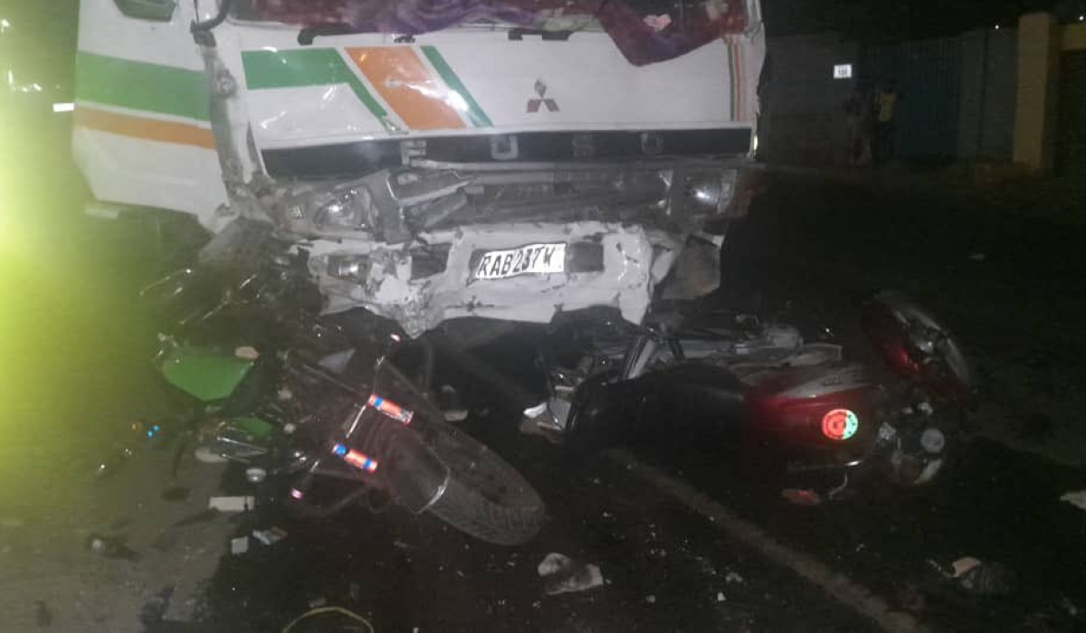 A scene of a road accident involving a Fuso truck and two taxi motorcycles in Kicukiro in the evening of Monday, September 9. The accident killed three people and four injured. COURTESY