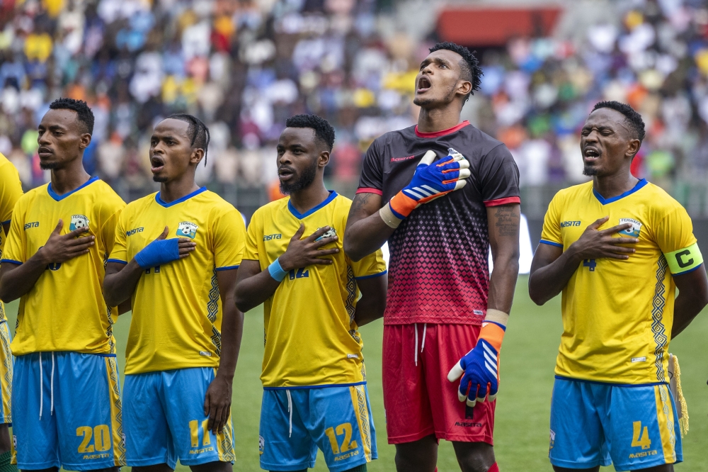 National team players sing the national anthem as Rwanda held Nigerian Super Eagles to a goalless draw at Amahoro Stadium on Tuesday, September 11. Photo by Olivier Mugwiza