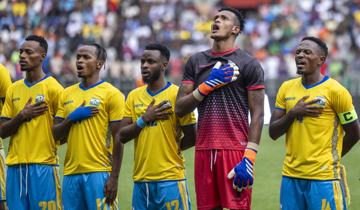 National team players sing the national anthem as Rwanda held Nigerian Super Eagles to a goalless draw at Amahoro Stadium on Tuesday, September 11. Photo by Olivier Mugwiza