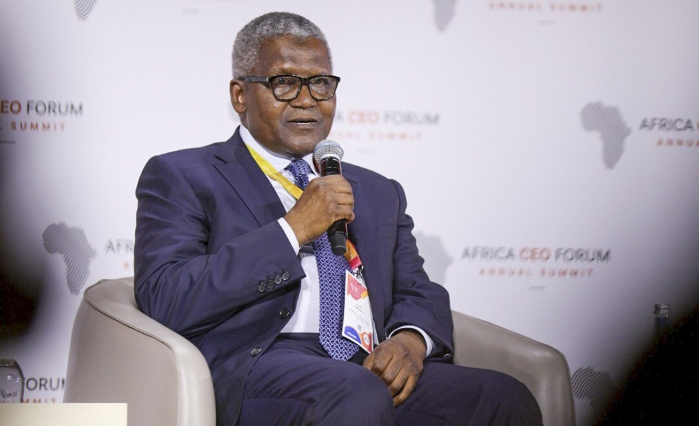 Aliko Dangote, Africa&#039;s wealthiest person, speaks at the Africa CEO Forum in Kigali in May. Courtesy