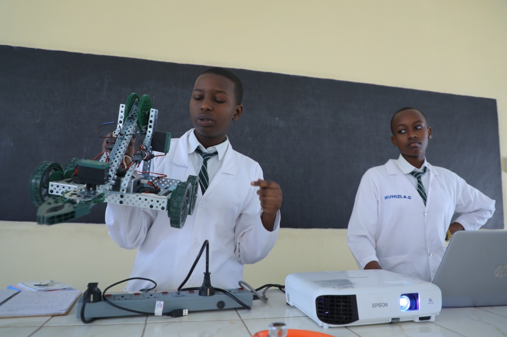 Students during practice on robotics at Fawe Girls school. Up to 26 schools across the country have received robotics kits as part of a national piloting phase to integrate robotics into the curriculum. Sam Ngenda