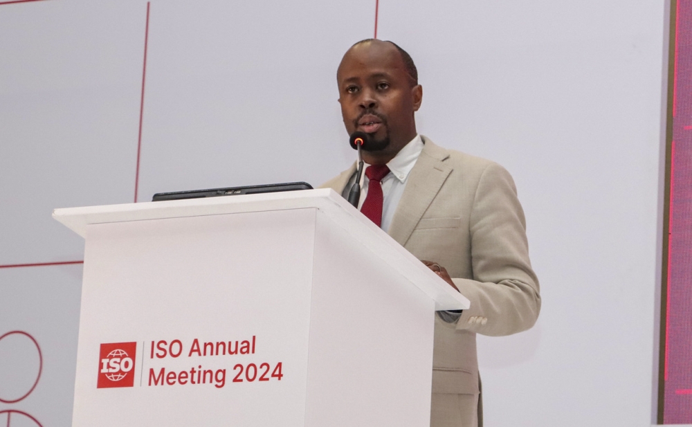 Rwanda Standards Board Director General Raymond Murenzi  delivers remarks at the 2024 ISO annual meeting held in Cartagena, Colombia, on September 13.