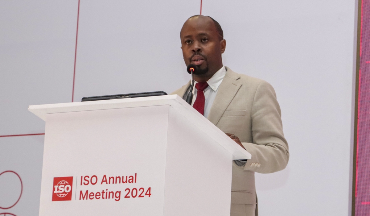 Rwanda Standards Board Director General Raymond Murenzi  delivers remarks at the 2024 ISO annual meeting held in Cartagena, Colombia, on September 13.