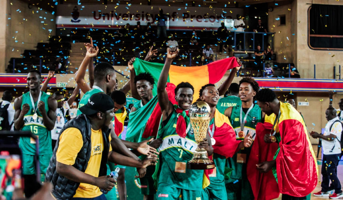 Mali players celebrate their third FIBA men’s U18 AfroBasket title after beating Cameroon 60-51 on Saturday, September 14, in Pretoria, South Africa. Courtesy