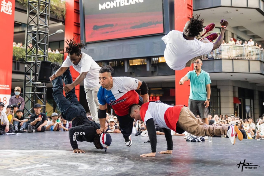 Amani Mahoro  and his teammates at the Taipei Bboy City event through Kigali Breaking Cypher  in Taiwan. Courtesy