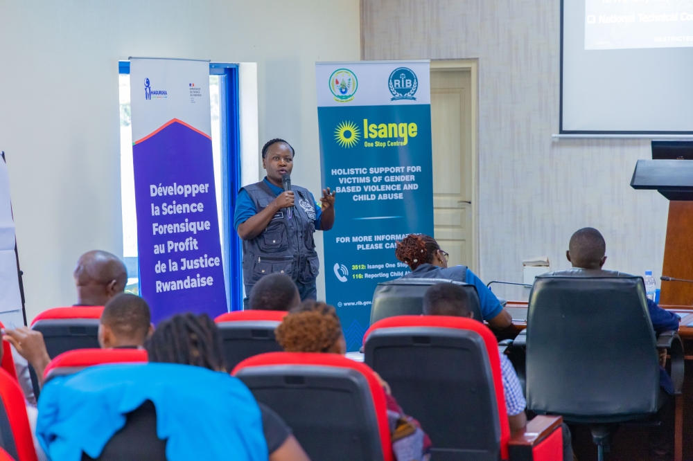 Rwanda Investigation Bureau official delivers her presentation at the ongoing training of 96 nurses from 48 hospitals in Kigali.