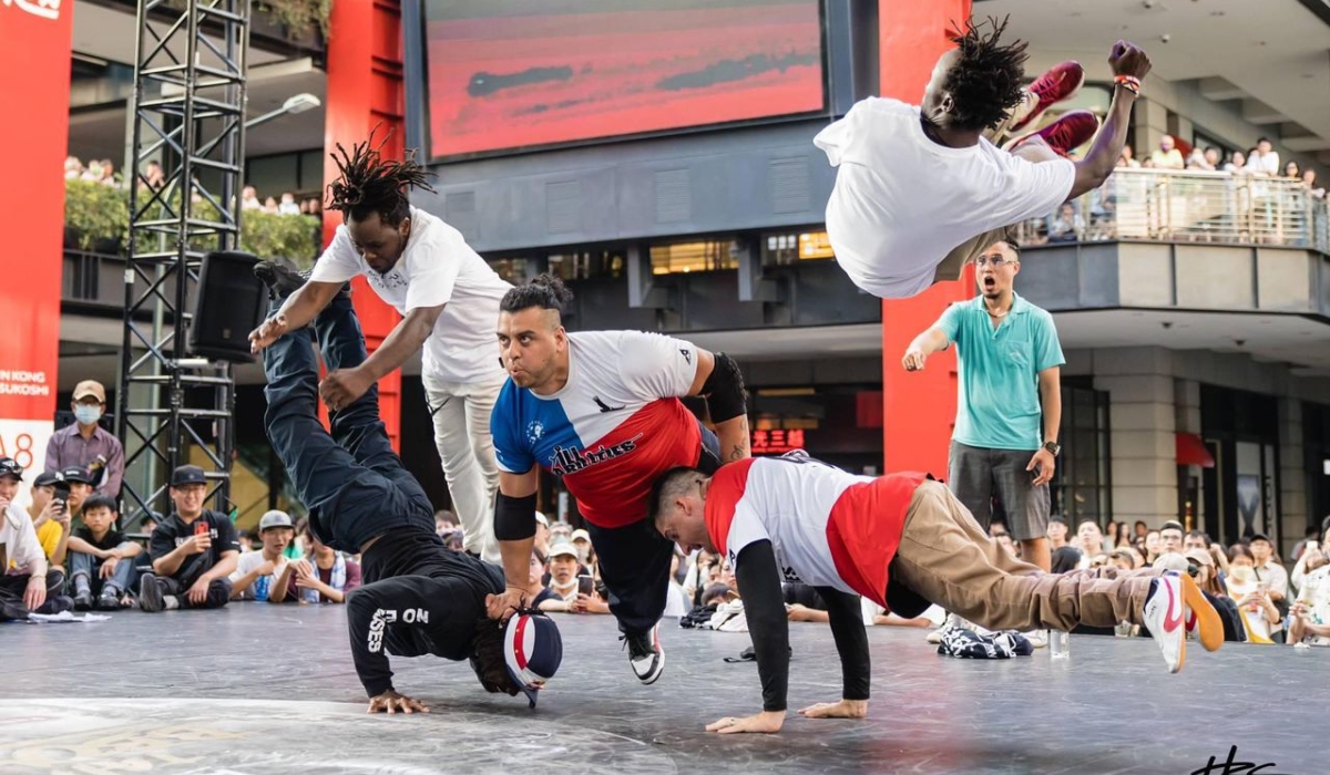 Amani Mahoro  and his teammates at the Taipei Bboy City event through Kigali Breaking Cypher  in Taiwan. Courtesy