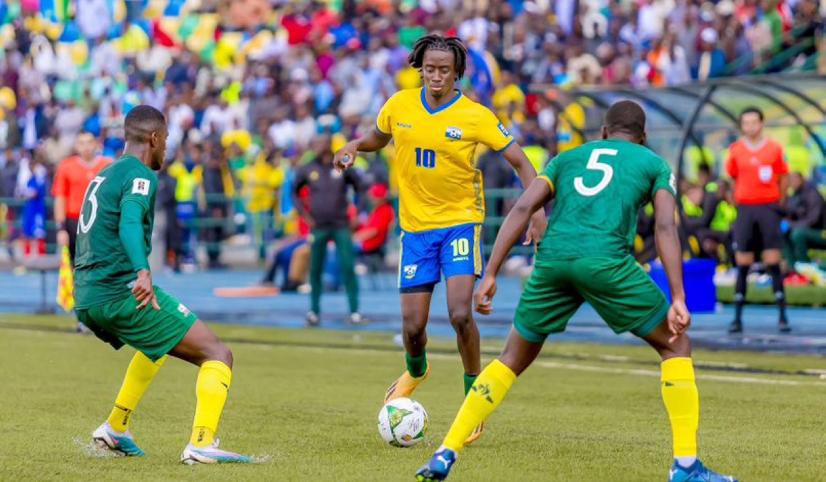 Amavubi attacking midifilder Hakim Sahabo tries to go past a South African defender during a Wold Cup qualifier game at Huye Stadium on November 21, 2023. Photo: Courtesy.