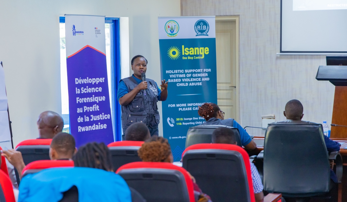 Rwanda Investigation Bureau official delivers her presentation at the ongoing training of 96 nurses from 48 hospitals in Kigali.