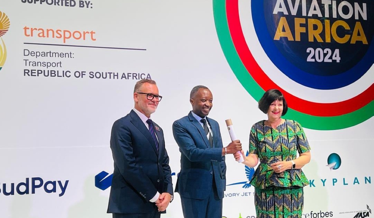  State Minister in the Ministry of Infrastructure Olivier Kabera (c) and other officials during the 2024 Aviation Africa Summit in Gauteng, South Africa on Monday, September 16.  Rwanda was announced as the host of the Aviation Africa Summit and Exhibition 2025. Courtesy