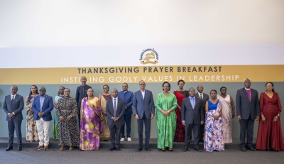 President Paul Kagame and First Lady pose for a photo with Faith leaders at the Thanksgiving Prayer Breakfast held at Kigali Convention Centre on Sunday, September 15. Photo by Dan Gatsinzi