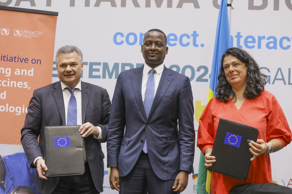 (L-R) Antoine Anfré, the French Ambassador to Rwanda, Dr Yvan Butera, Minister of State for Health, and Belén Calvo Uyarra, the Ambassador of the European Union to Rwanda during the signing ceremony.