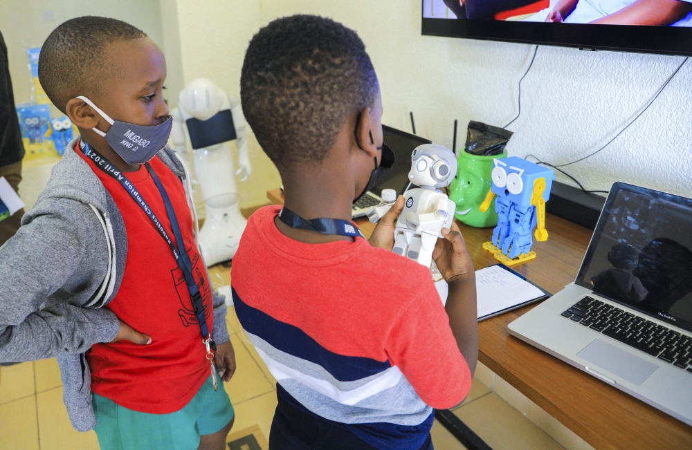 Primary school students during a class on robotics in Kigali. The government has launched a pilot phase for integrating robotics into the national curriculum.  Photo by Craish Bahizi