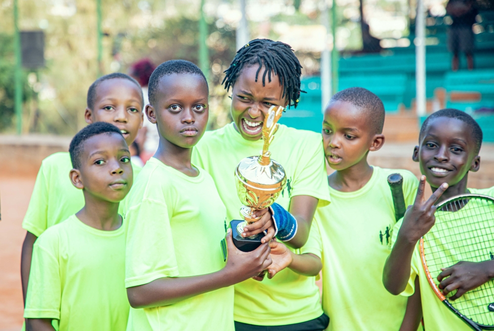 Best performers of the tournament hold the trophy during the awarding ceremony. Some young tennis players selected to participate at the Future Tennis Champions tournament recently held at Cercle Sportif de Kigali from August 26-31-courtesy