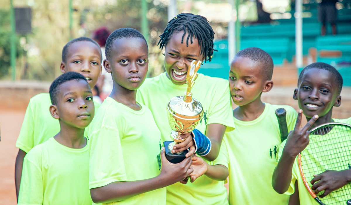 Best performers of the tournament hold the trophy during the awarding ceremony. Some young tennis players selected to participate at the Future Tennis Champions tournament recently held at Cercle Sportif de Kigali from August 26-31-courtesy