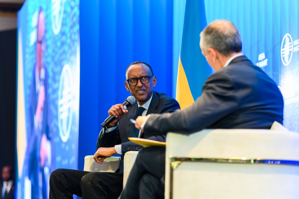 President Kagame  and Richard Ditizio, the Milken Institute CEO during a fireside chat at the Milken Asia Summit, in Singapore, on September 19. Photos by Village Urugwiro