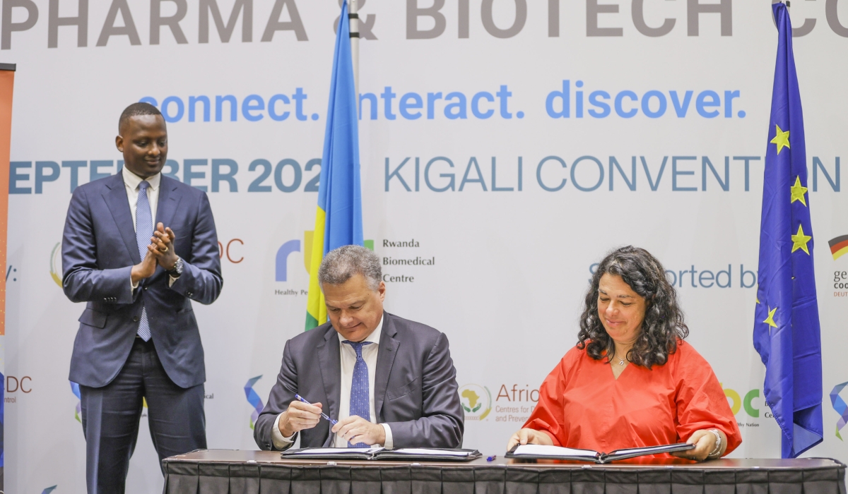 (L-R) Dr Yvan Butera, Minister of State for Health, Antoine Anfré, the French Ambassador to Rwanda, and Belén Calvo Uyarra, the Ambassador of the European Union to Rwanda during the signing ceremony.