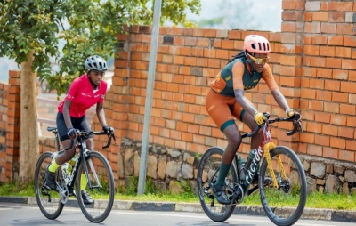 Xaverine Nirere and Jazilla Mwamikazi ride in Kigali during Rwanda Cycling Cup. The two cyclists are among the riders selected to represent Rwanda in Zurich. Courtesy