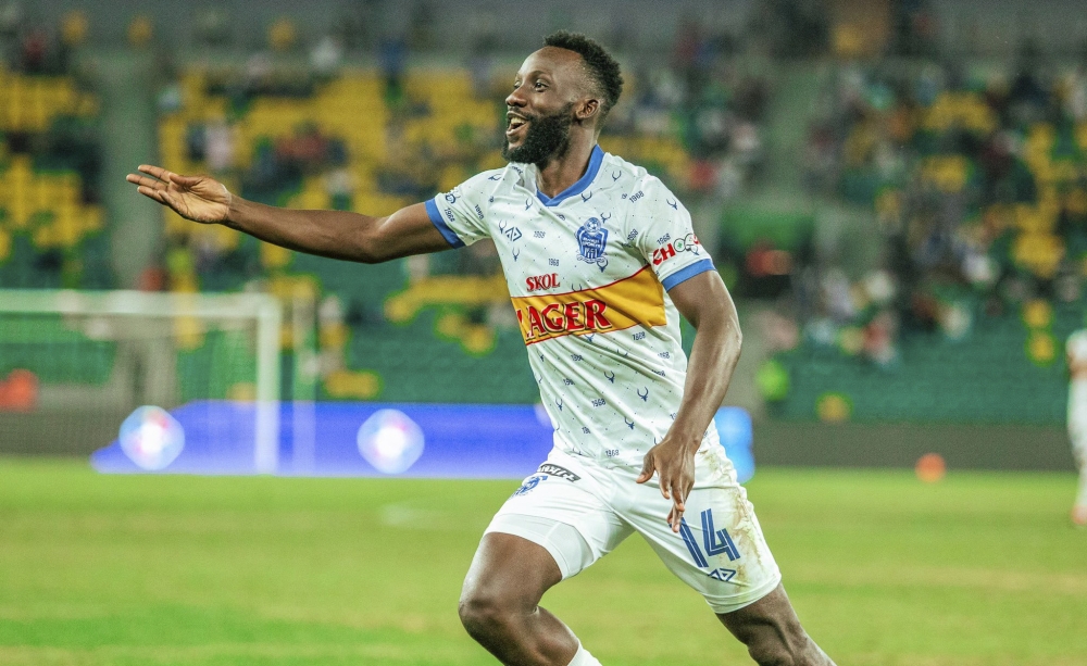 Rayon Sports centre forward Charles Bbaale celebrates his goal as the Blues defeat Gasogi United 1-0 at the Amahoro Stadium on Saturday, September 21. Courtesy