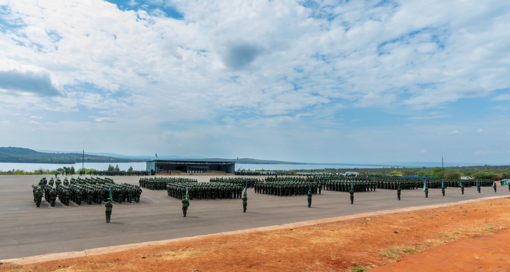 Guards of the newly graduated RDF soldiers during a military parade at the pass-out event on Sunday in Kirehe District.