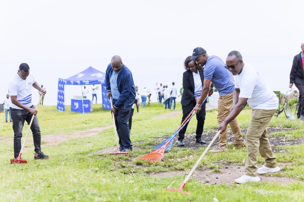 BRALIRWA staff engage in clean-up activities around the shores of Lake Kivu where they donated  hygiene materials to resident on September 20. Courtesy