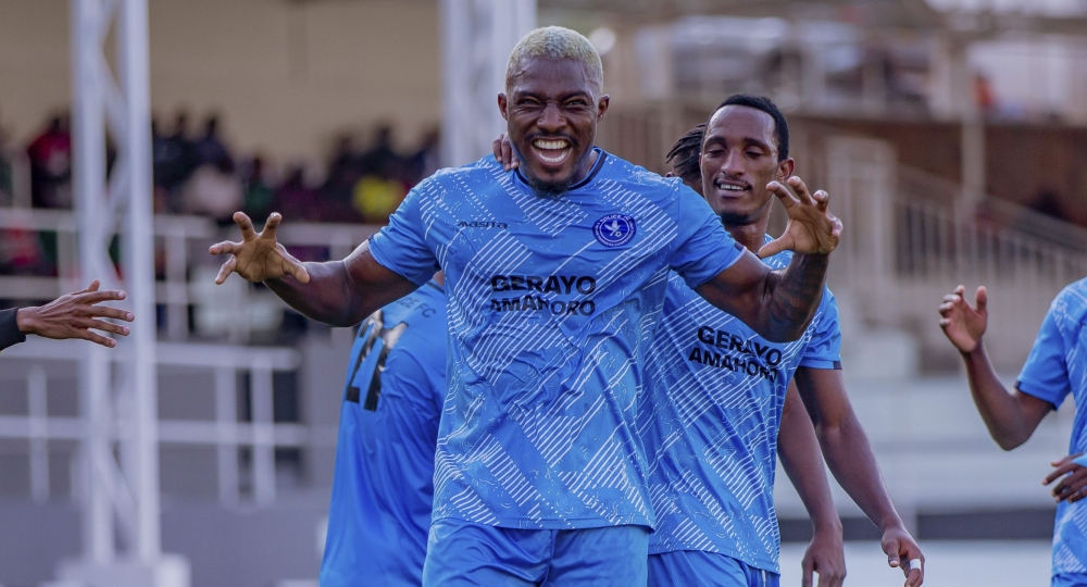 Star striker Elijah Ani celebrates his goal as Police FC defeated Muhazi United 3-0 at Kigali Pele Stadium on Monday, September 23.