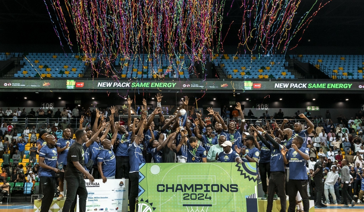 APR FC players and staff celebrate the crucial win to retain the title at BK Arena on Sunday, September 22. Courtesy