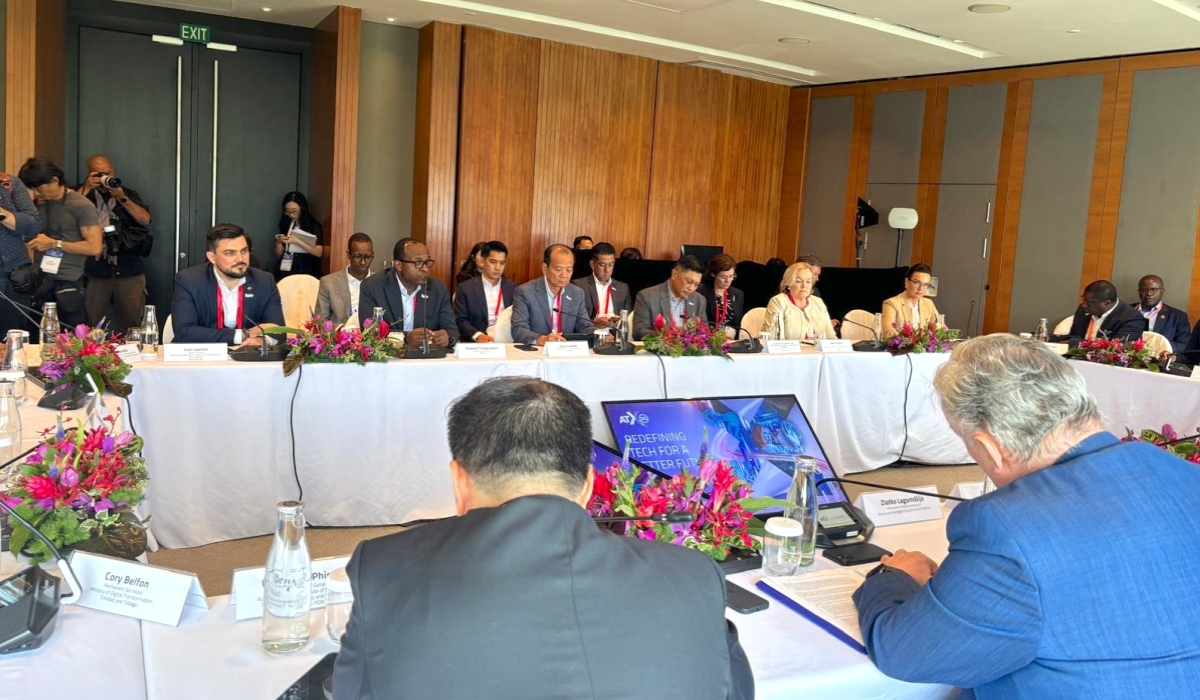 Former Education Minister Gaspard Twagirayezu (2nd left, background) during the Ministerial Meeting on the margins of Asia tech Summit in Singapore in 2024. Rwanda and Singapore Sunday launched the world’s first AI “Playbook” at the United Nations headquarters in New York. File. 