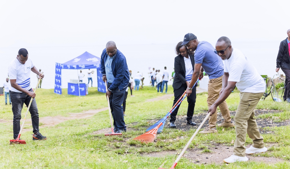 BRALIRWA staff engage in clean-up activities around the shores of Lake Kivu where they donated  hygiene materials to resident on September 20. Courtesy