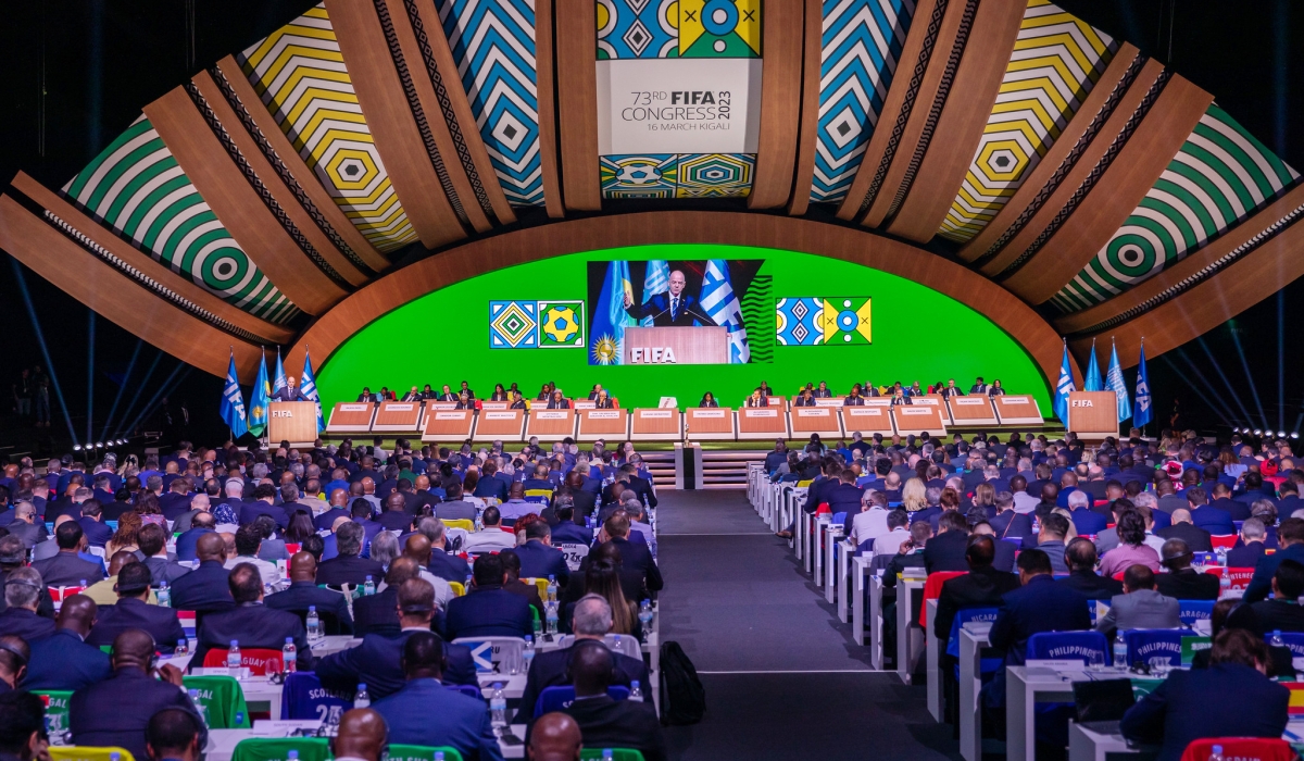 FIFA President Gianni Infantino delivers remarks after his re-elections during FIFA Congress in Kigali on Thursday, March 16, 2023. Photo by Olivier Mugwiza