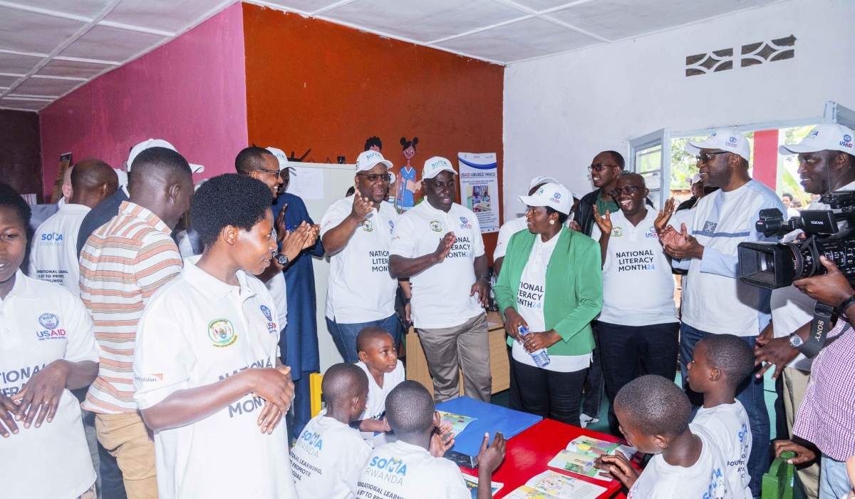 Officials tour the newly launched libray at Nkombo Island in Rusizi District on September 20_