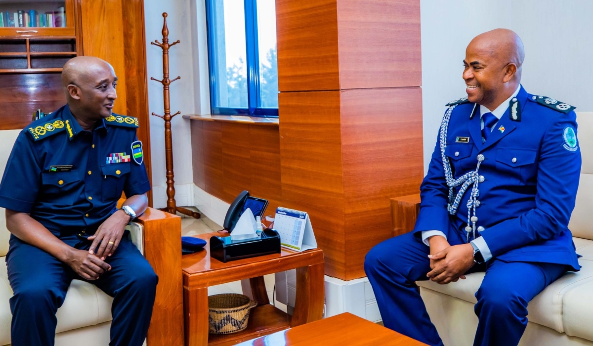 The Inspector General of Police (IGP) Felix Namuhoranye meets his Seychelles counterpart Commissioner of Police (CP) Ted Barbe, at Rwanda National Police  Headquarters on Tuesday, September 24. Courtesy