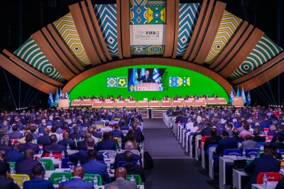 FIFA President Gianni Infantino delivers remarks after his re-elections during FIFA Congress in Kigali on Thursday, March 16, 2023. Photo by Olivier Mugwiza