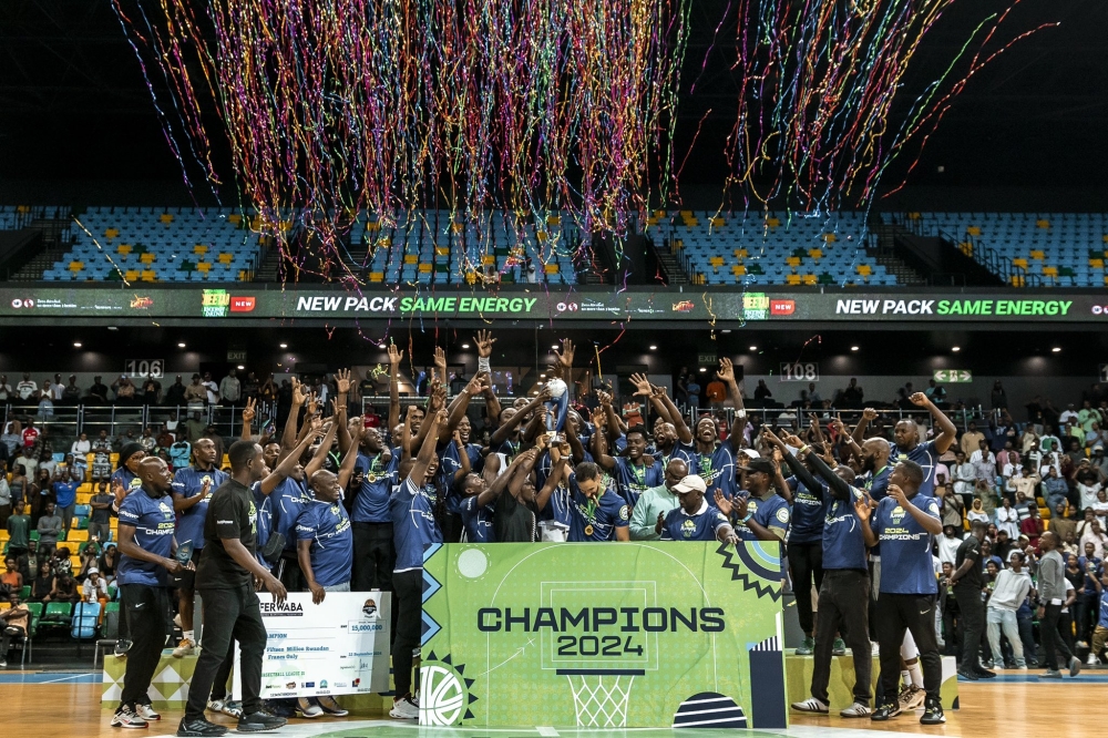 APR FC players and staff celebrate the crucial win to retain the title. APR won their 15th championship, after a thrilling 4-2 series against long-standing rivals Patriots.